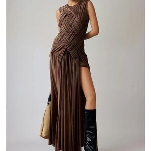 Knitted Braided Brown Maxi Dress with Side Slit